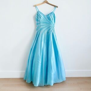 Vintage Y2K Prom Dress Blue Beaded Maxi Ball Gown Fairy Princess Sz 12 (Tag 14)